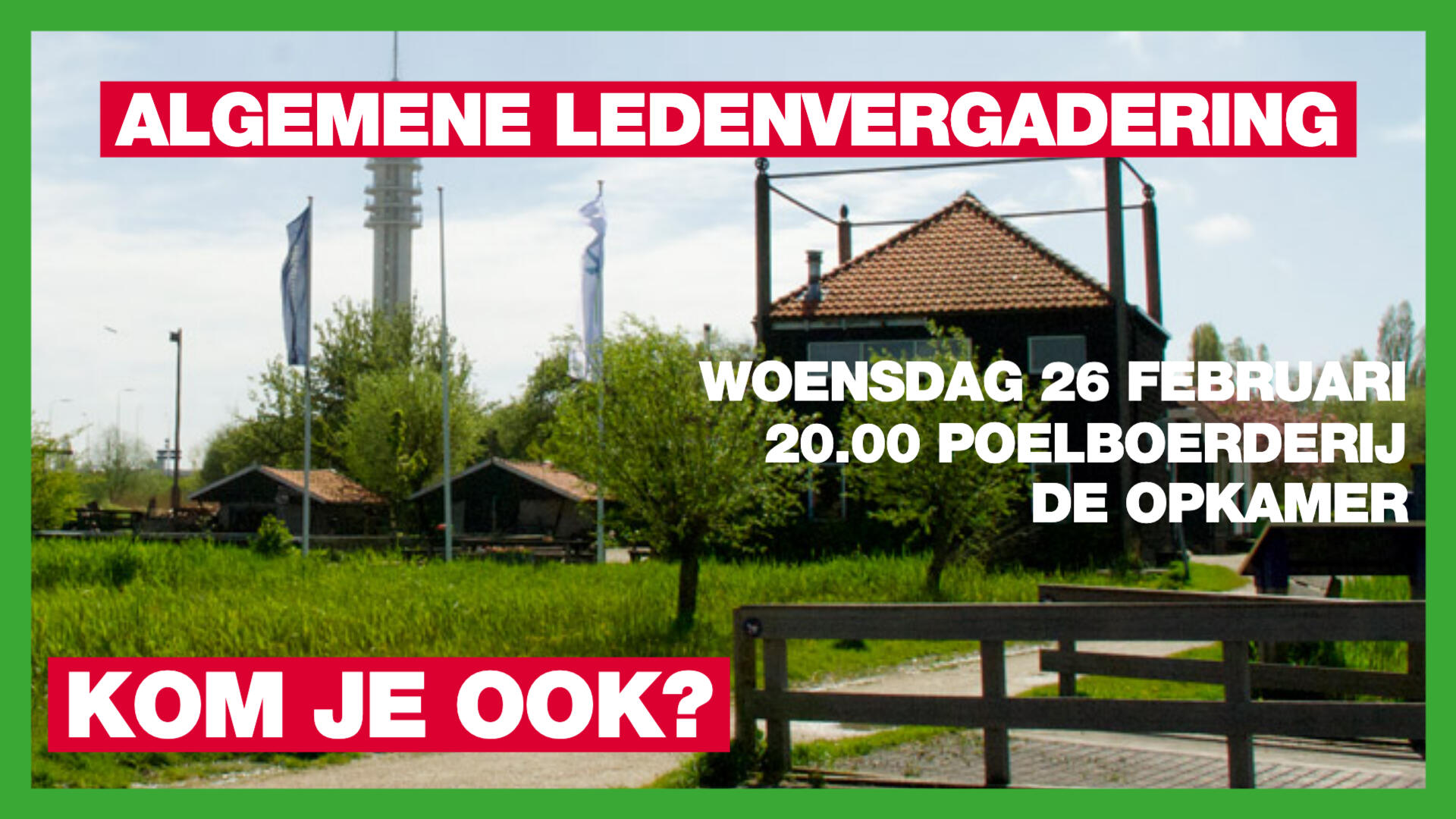 poelboerderij met bomen en op de voorgrond tekst ALV met uitnodiging