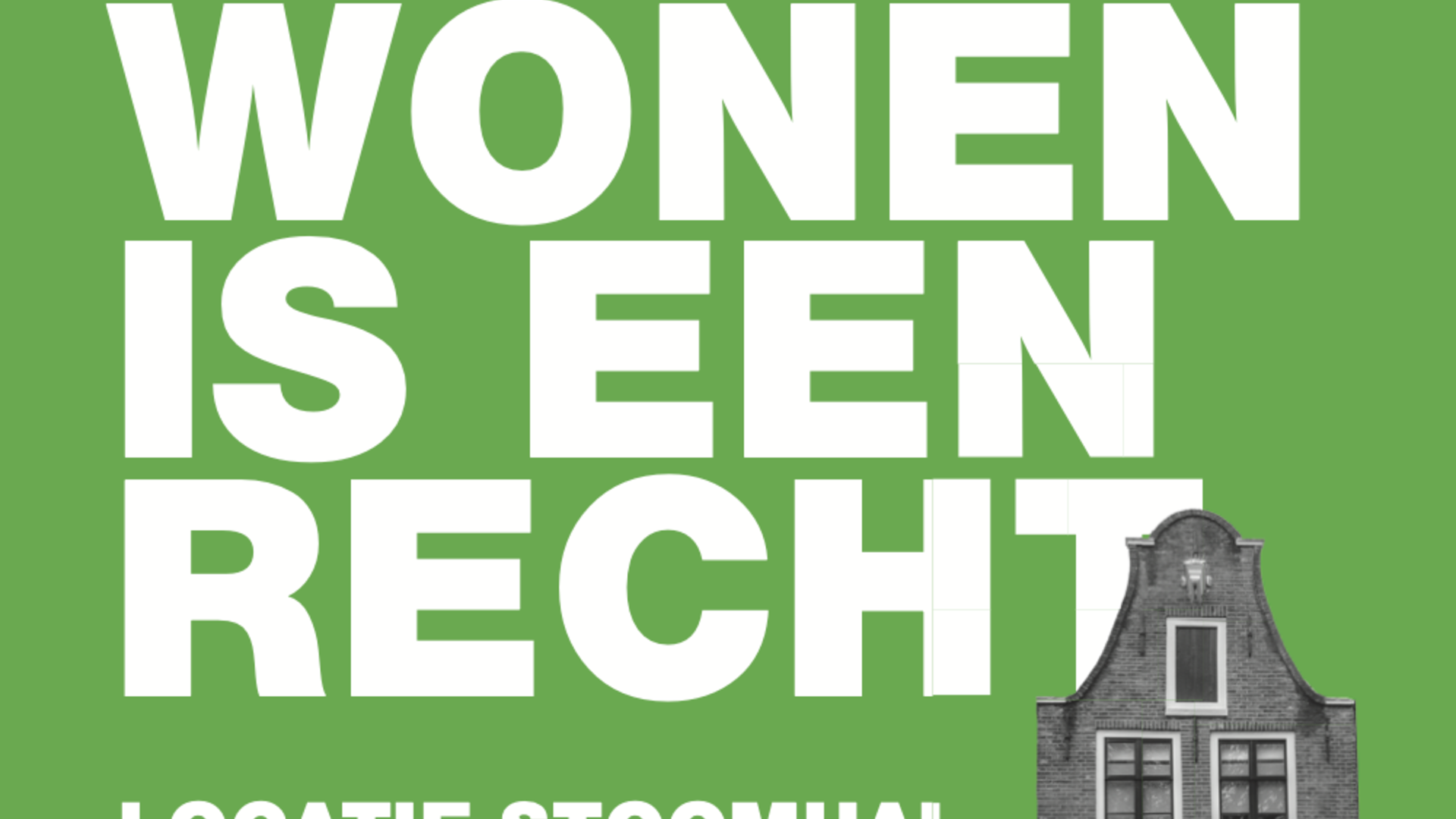 groene achtergrond met foto huis rechtsonder en de tekst wonen is een recht